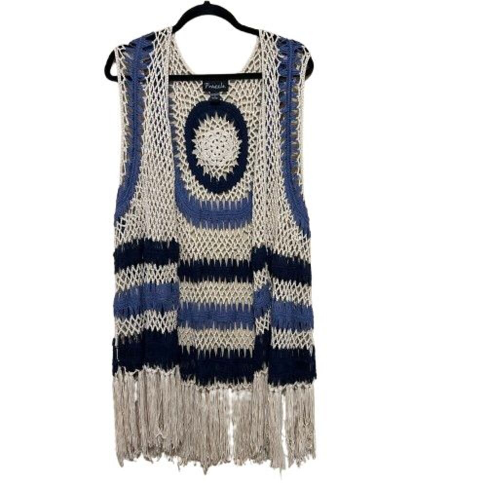 Frazzle Crochet Open Front Duster Sweater Vest Size XL Fringe Trim Boho Festival